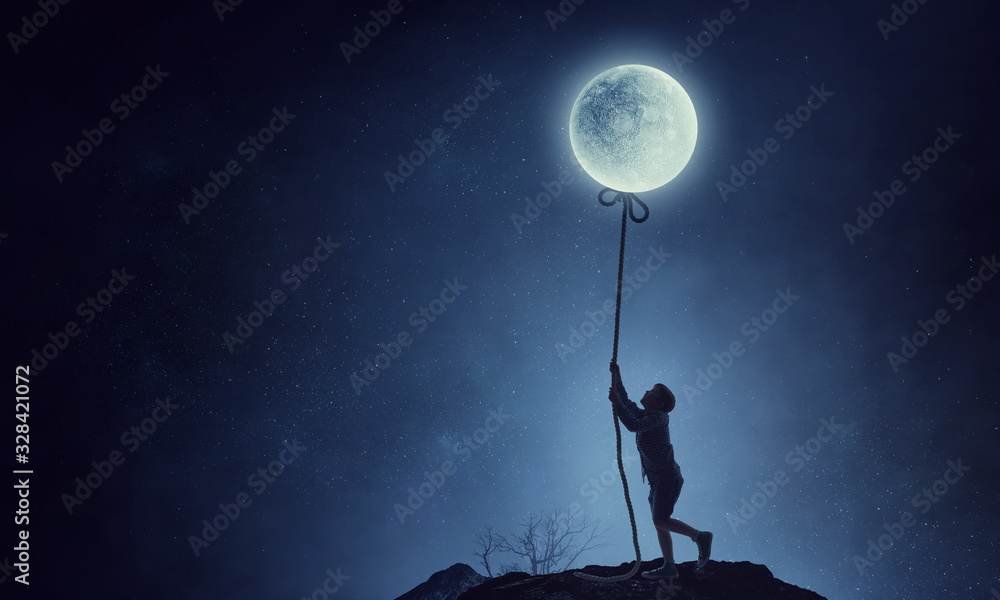 Wall mural Kid catching moon . Mixed media