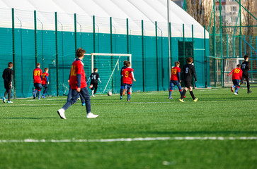 Boys in red and black sportswear plays football on field, dribbles ball. Young soccer players with ball on green grass. Training, football, active lifestyle for kids concept