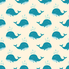 Naklejka na ściany i meble Cute Whale Seamless Pattern Cartoon Hand Drawn Animal Doodles Vector Illustration Background