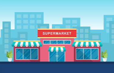 Supermarket Grocery Store Retail Shop Mall City Building Flat Illustration