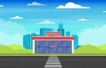 Obraz premium Supermarket Grocery Store Retail Shop Mall City Building Flat Illustration