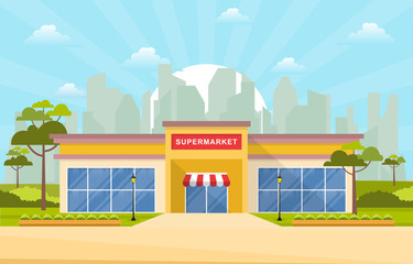 Supermarket Grocery Store Retail Shop Mall City Building Flat Illustration