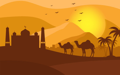 Fototapeta na wymiar Background Camel Vector - Silhouette with Mosque