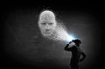 Digital head, artificial intelligence and virtual reality. Mixed media