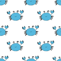 Cute Crab Seamless Pattern, Cartoon Hand Drawn Animal Doodles Vector Illustration Background