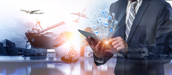 Business Logistics concept, Global business connection technology interface global partner connection of Container Cargo freight ship for Logistic Import Export background, internet of things