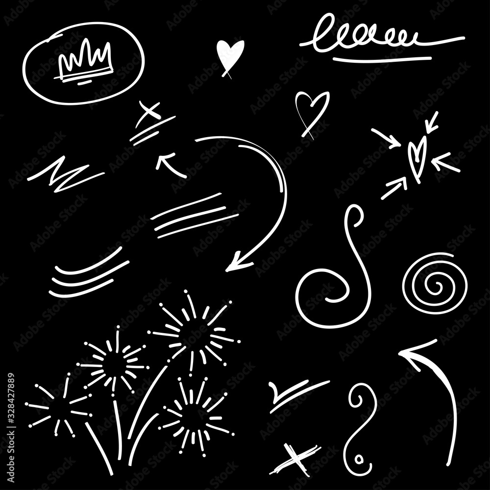 Poster hand drawn set of abstract doodle elements. use for concept design. isolated on black background. ve