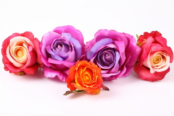 Artificial violet and red roses on white background