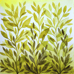 Fototapeta na wymiar Watercolor yellow and brown pattern with leaves creative background