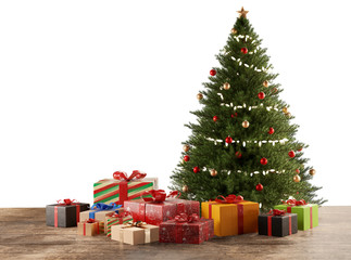 decorated christmas fir tree and presents 3d-illustration