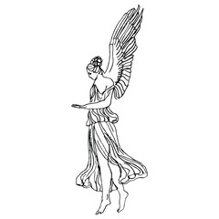 Isolated vector illustration. Antique vintage angel. Ancient Greek or Roman winged goddess. Nike or Hebe. Hand drawn linear doodle ink sketch. Black silhouette on white background. - obrazy, fototapety, plakaty