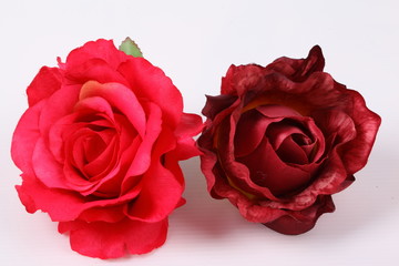 Artificial red rose on white background