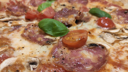 Close up of delicious Sicilian pepperoni pizza with mushrooms and mozzarella