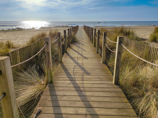 Wooden beach path with ocean in background and blue sky. Wide angle.
