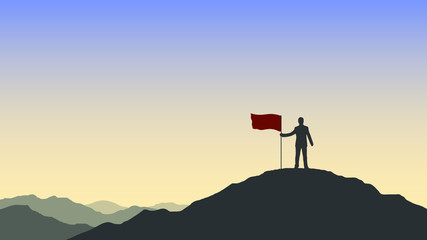 Silhouette of businessman holding a red flag on top mountain. Business, success, leadership, achievement and goal concept.