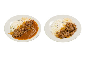 Japanese Rice Curry with Stir Fried Beef and Gyudon Isolated on White background Clipping path in side