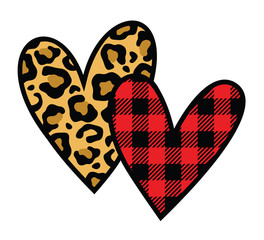 Vector illustration of two hearts with animal leopard print and red buffalo plaid pattern.