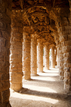Architectural detail of the famous park designed by Catalan architect Antonio Gaudi, Park Guell, Barcelona, Catalonia, Spain