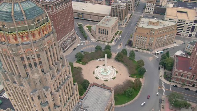 Aerial flying over City Hall & Niagara Square in downtown Buffalo, New York, USA. 15 September 2019