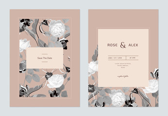 Vintage wedding invitation card template design, various flowers and leaves in light orange and dark grey tones