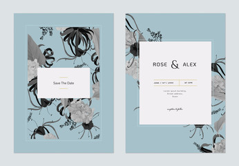 Vintage wedding invitation card template design, various flowers and leaves in blue and dark grey tones