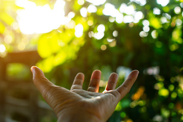 Technology, hand holding with environment Icons over the Network connection on green background.