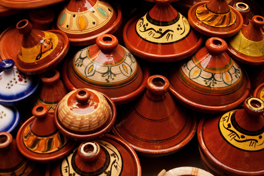 Clay tagine pots for sale at the market in Fes, Morocco