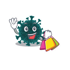 Happy rich coronavirus COVID 19 mascot design waving and holding Shopping bag