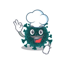 Cute coronavirus COVID 19 cartoon character wearing white chef hat