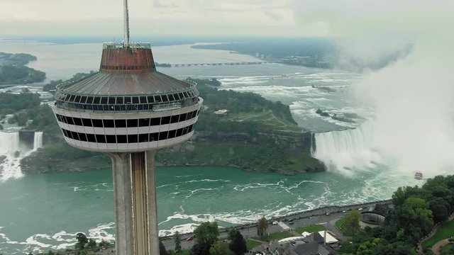 Aerial flying over The city of Niagara, Skylon Tower, hotels and casinos & the Niagara Falls. Ontario, Canada. 15 September 2019