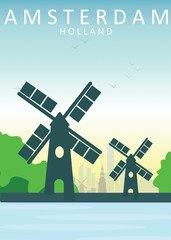 Awesome city view in sunny day in Windmill Villages, Amsterdam. Enjoy the travel. Around the world. Quality vector poster. Netherlands.