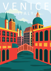 Naklejka premium Awesome city view in sunny day in Rialto Bridge, Venice. Enjoy the travel. Around the world. Quality vector poster. Italy.