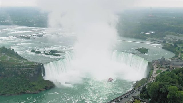 Aerial: Canada USA border crossing on the Niagara River at the Niagara Falls.  Ontario, Canada