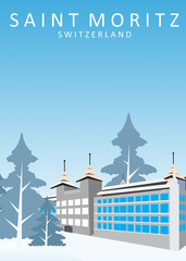 Awesome city view in sunny day in Saint Moritz Hotel, Saint Moritz. Enjoy the travel. Around the world. Quality vector poster. Switzerland.