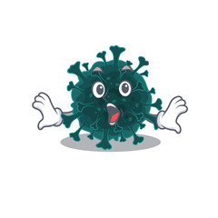 A cartoon character of coronavirus COVID 19 making a surprised gesture