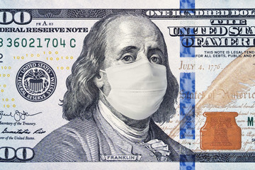 American President with face mask against CoV infection. 100 dollar banknote. Coronavirus in United...
