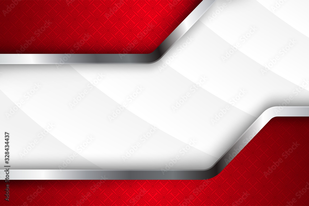 Poster Abstract background overlap dimension with gradient white to grey and red colors. Transparency square pattern in ton and bottom element. 