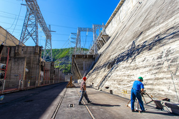 Industrial photography. General view of the switchgear and internal removal of the dam Zeya...