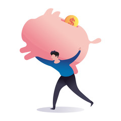 Man carry huge pink piggy bank with dollar coin on shoulder in flat design using as rich man, financial securities for retirement, investing, wealthy piggybank, save money or budget concept.