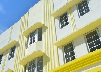 Miami Art Deco Architecture. Yellow and White Building Facade, Detail