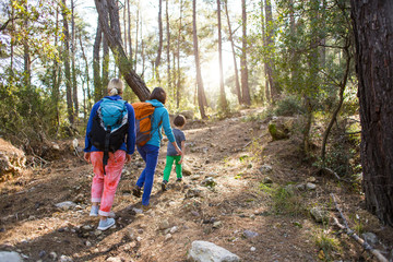 Obraz premium Two women and a child walk in the forest.