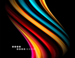 Silk smooth lines on black, liquid fluid color waves. Vector Illustration