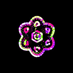 Symbol atom from multi-colored circles and stripes. UFO Green, Purple, Pink