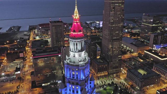 Aerial: Tower City Center in downtown Cleveland at night. Ohio, USA. 17 September 2019