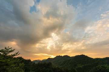 Composition of beautiful sky background, forest and sunset.