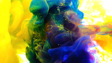 Color drops in water , abstract color mix , drop of Ink color mix paint falling on water Colorful ink in water, 