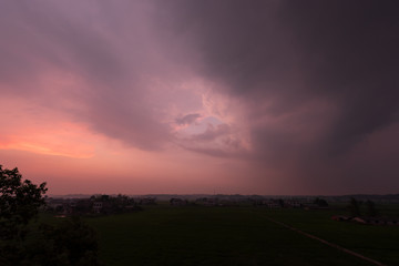 Composition of beautiful sky background, forest and sunset.
