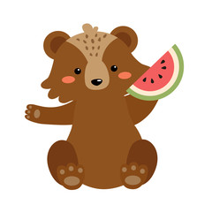 Vector flat cartoon cute kawaii brown bear in summer vacation. Sitting with juicy watermelon