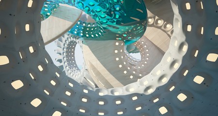 Abstract architectural background. Discs made of wood, concrete and glass that hovered over the sea. Neon lighting. 3D illustration and rendering.