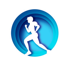 White origami young lady running. Happy fitness woman in paper cut style. Woman runner in silhouette on white background. Jogging. Dynamic movement. Side view. Blue circle frame.